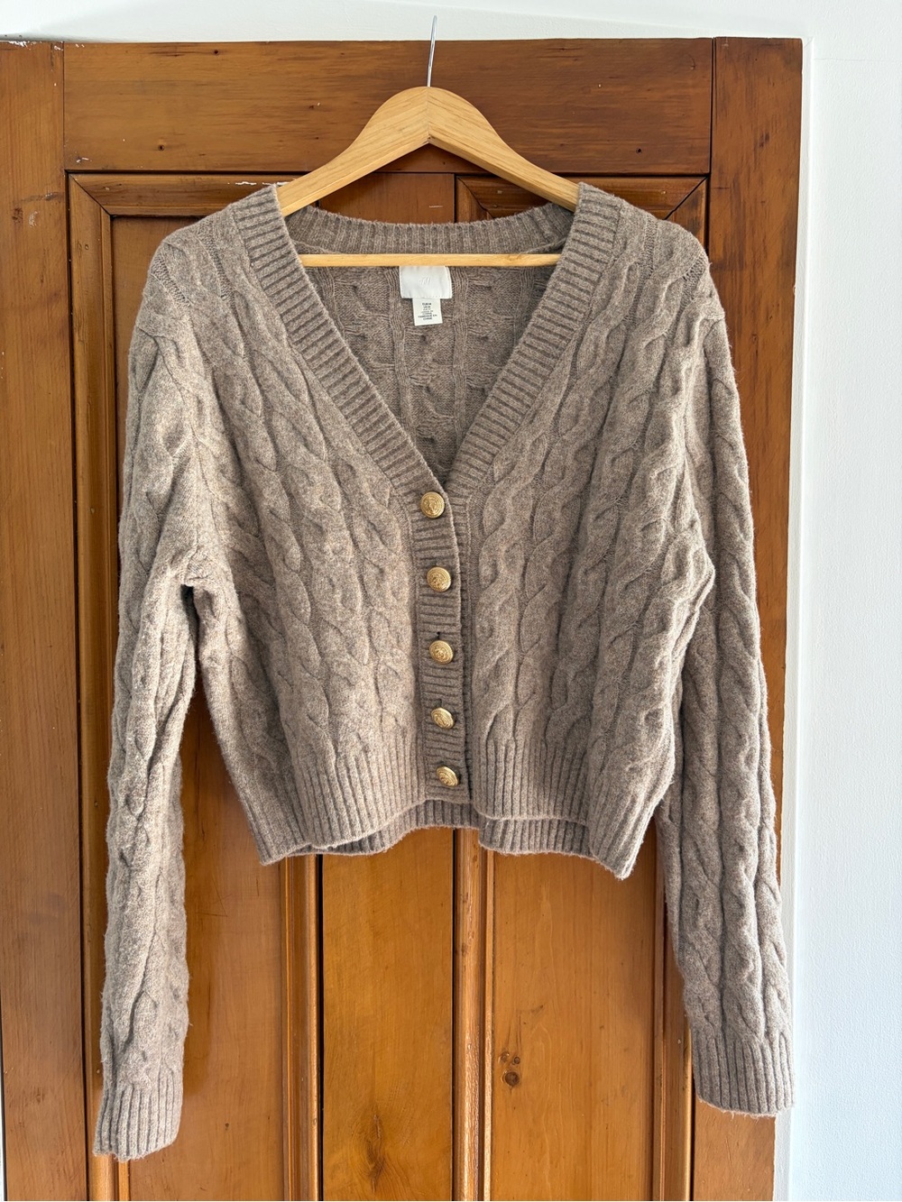 H&M Taupe Cable Knit Cropped Cardigan with Gold Buttons